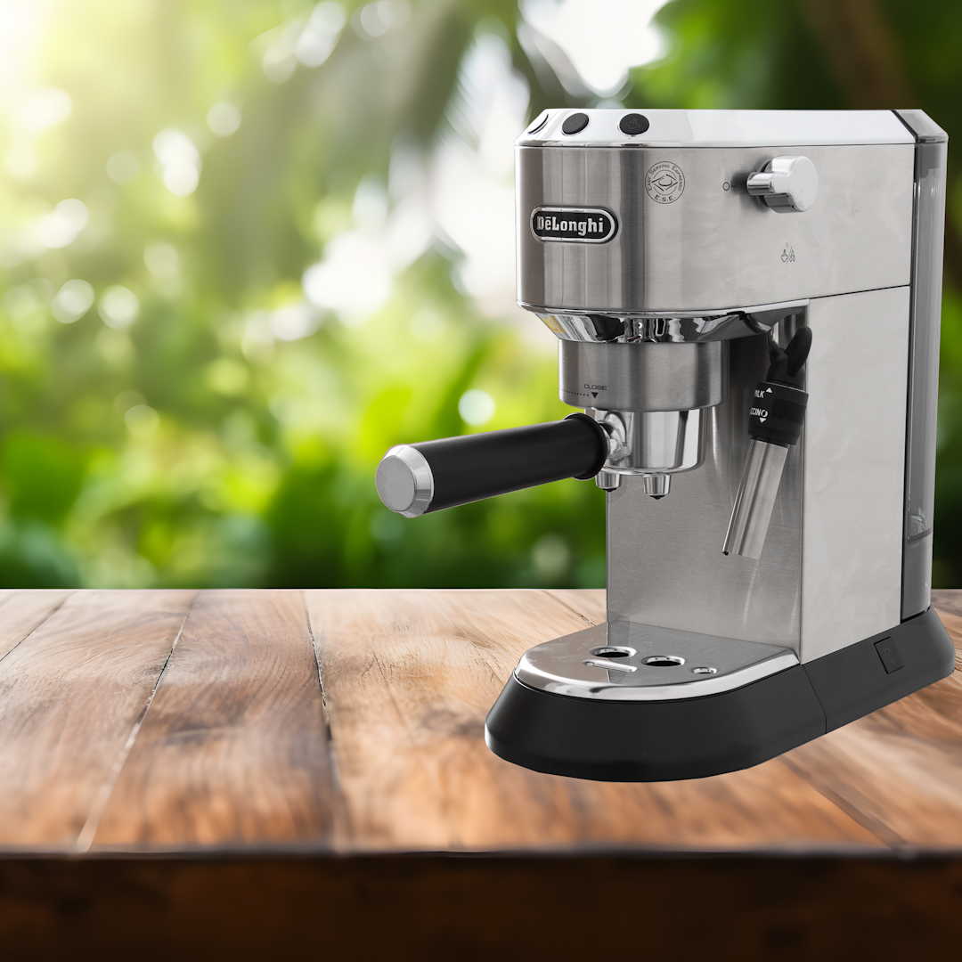 De'Longhi Espressomaschine Dedica Style EC 685 auf Holztisch vor Wald