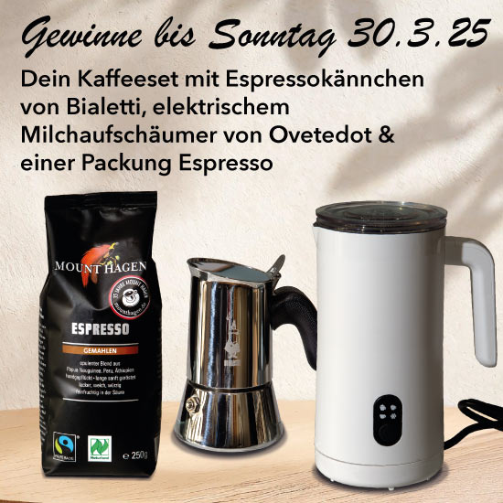 Kaffeeset mit Espressokännchen von Bialetti, elektrischem Milchaufschäumer von Ovetedot & einer Packung Espresso